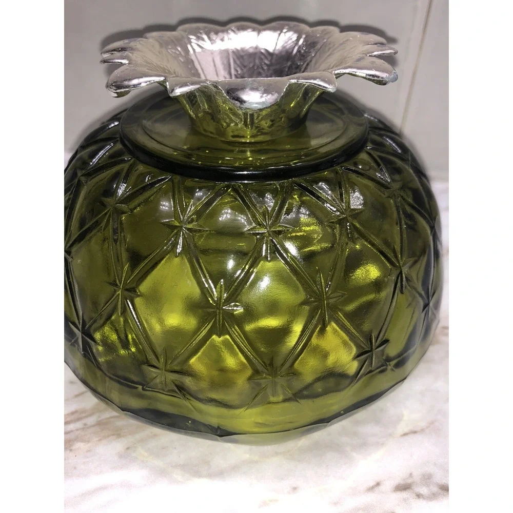 Vintage 1960s Indiana Glass Bowl‎ Quilted Duette Pattern Bowl Metal Pedestal.
